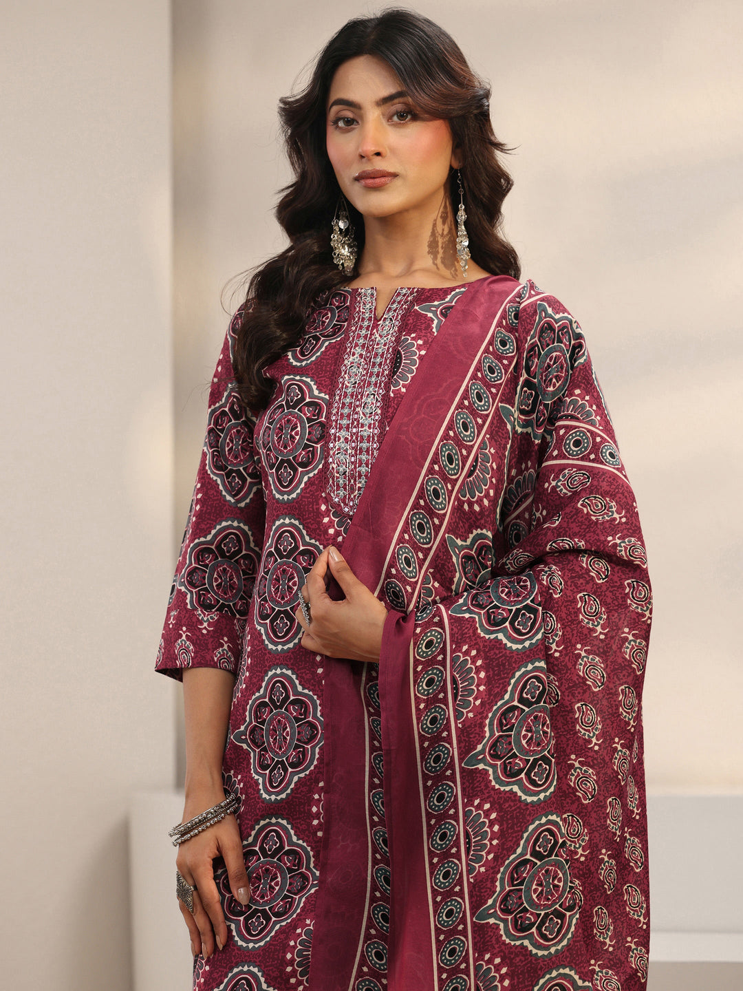  Maroon Ajrakh Printed Cotton Blend Straight Suit Set With Dupatta 