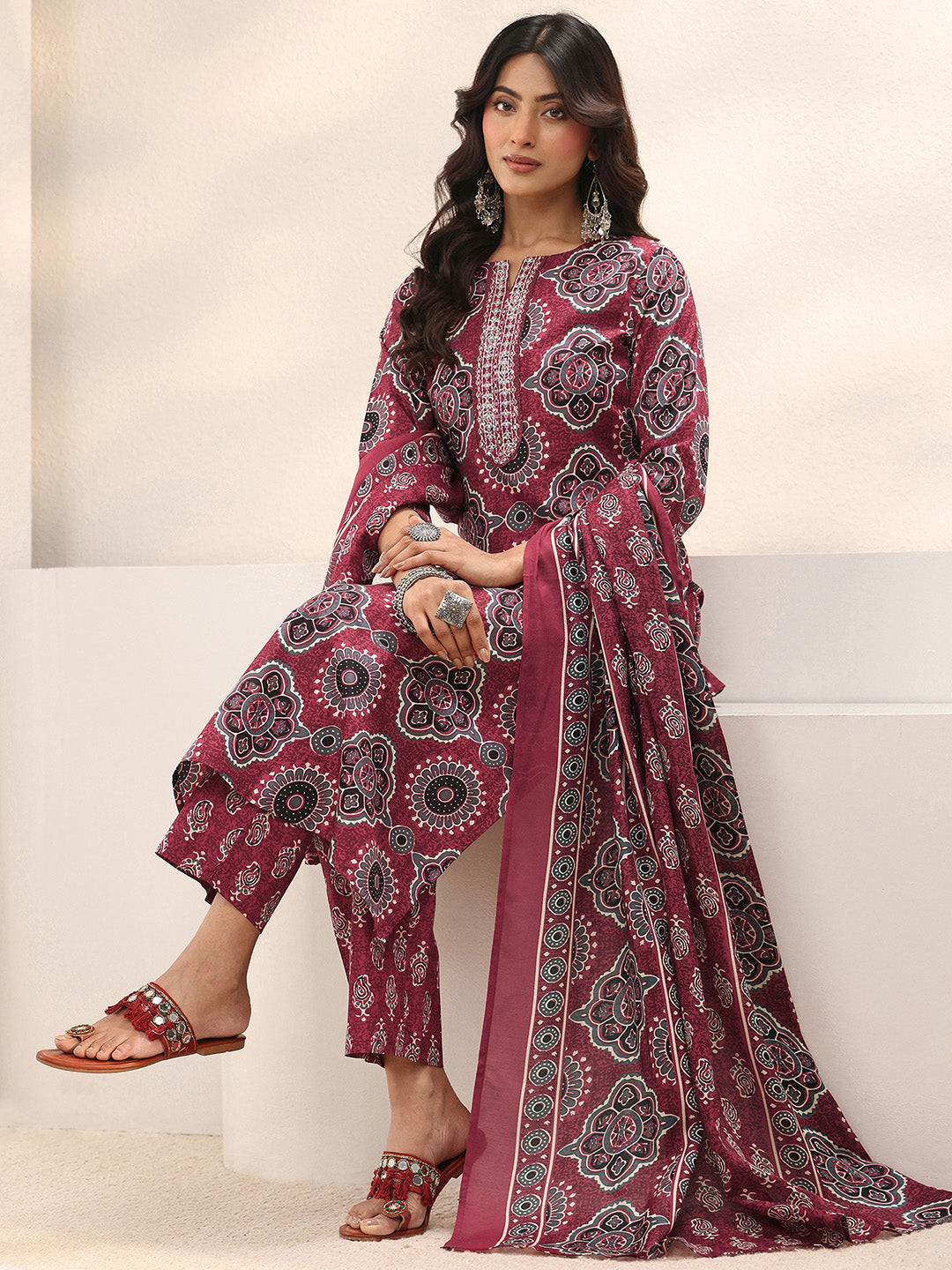 libas Maroon Ajrakh Printed Cotton Blend Straight Suit Set With Dupatta-picture-18