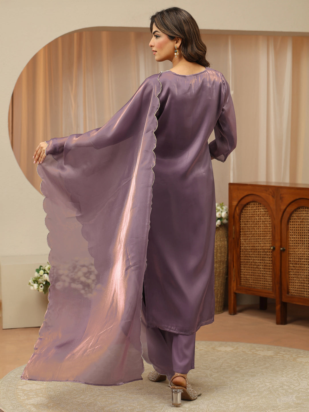  Mauve Ethnic Embroidered Tissue Straight Suit Set 