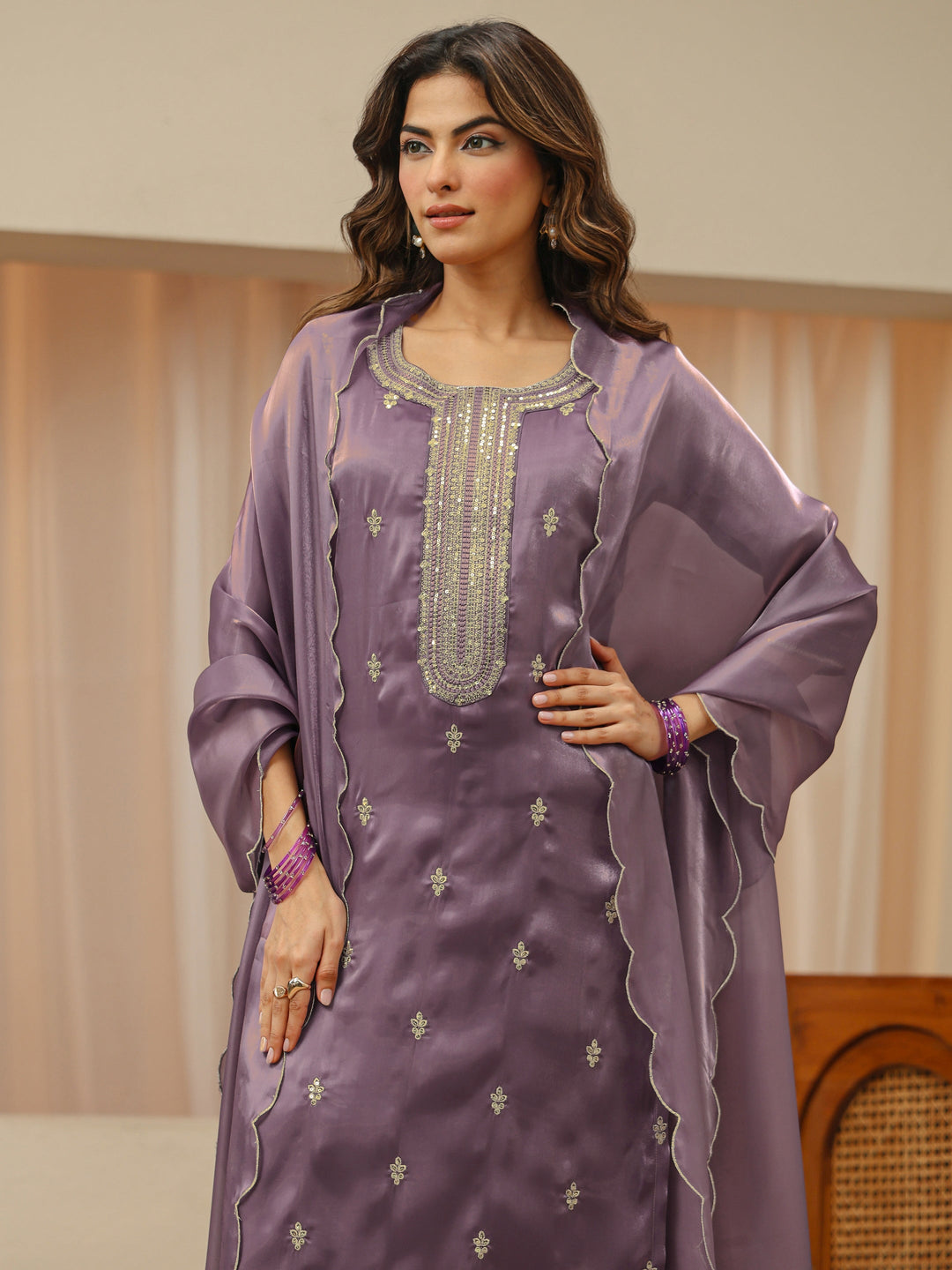  Mauve Ethnic Embroidered Tissue Straight Suit Set 