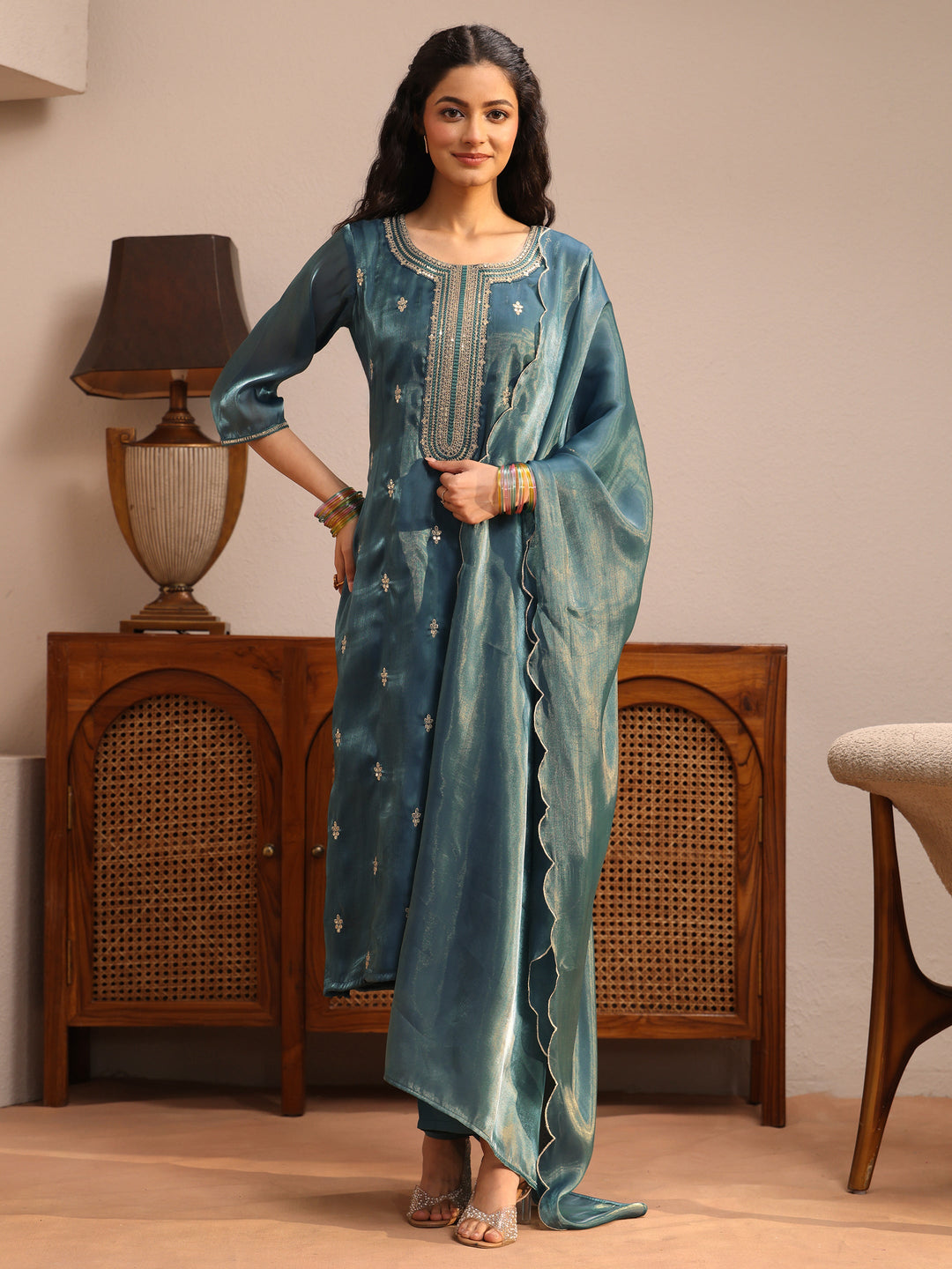  Teal Ethnic Embroidered Tissue Straight Suit Set 