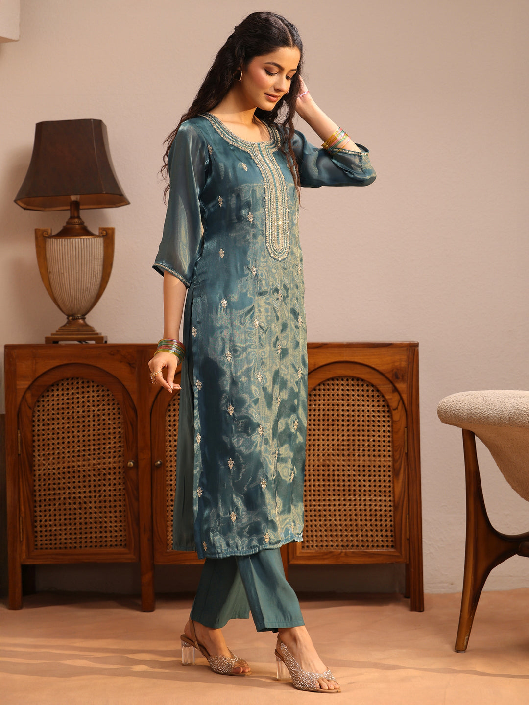  Teal Ethnic Embroidered Tissue Straight Suit Set 
