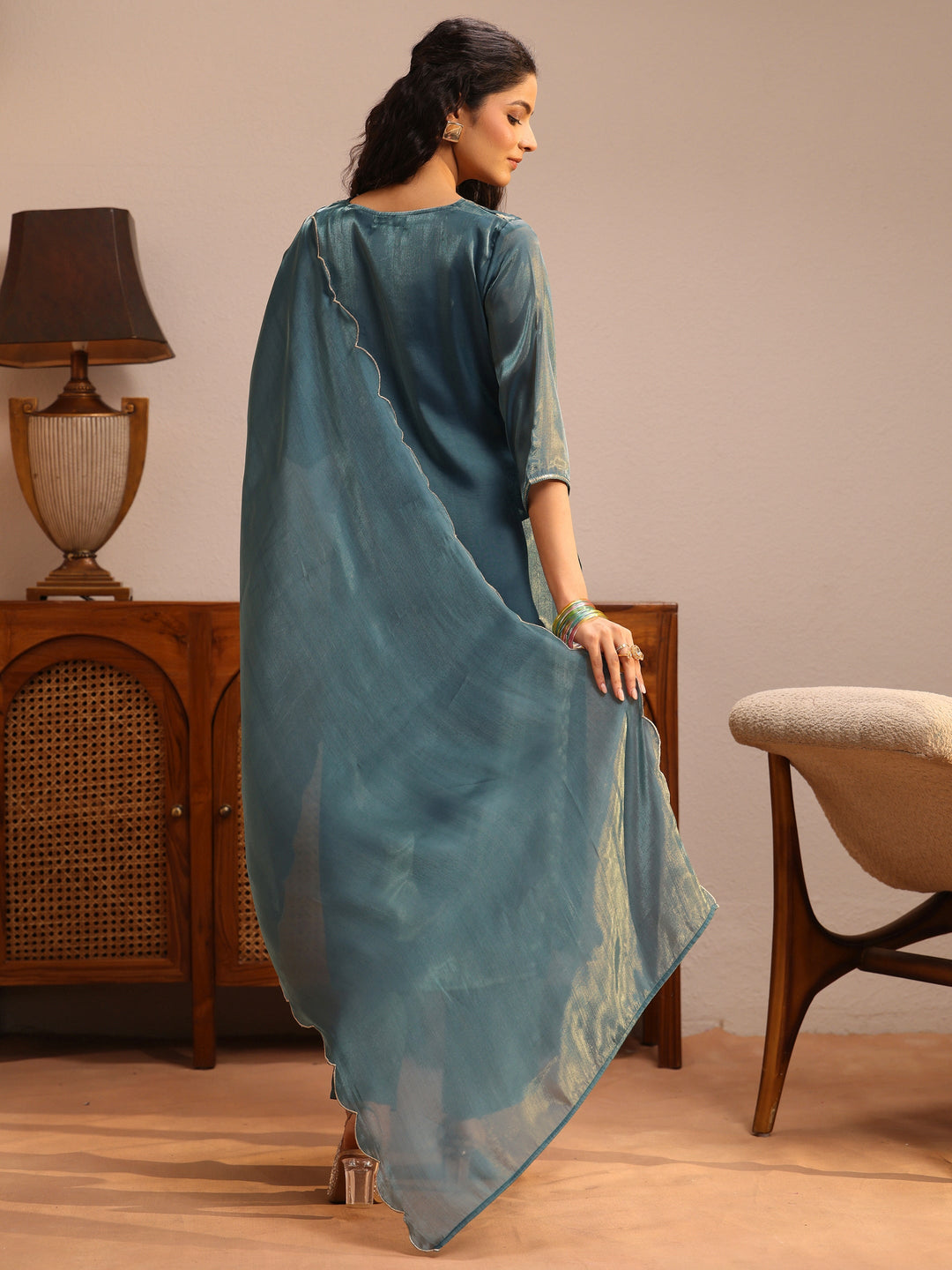  Teal Ethnic Embroidered Tissue Straight Suit Set 