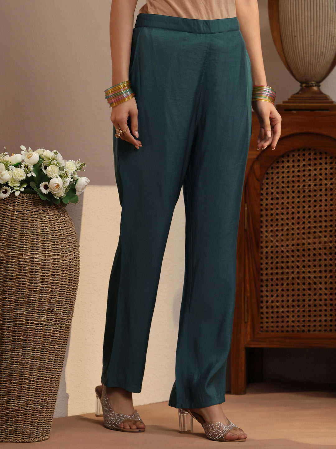  Teal Ethnic Embroidered Tissue Straight Suit Set 