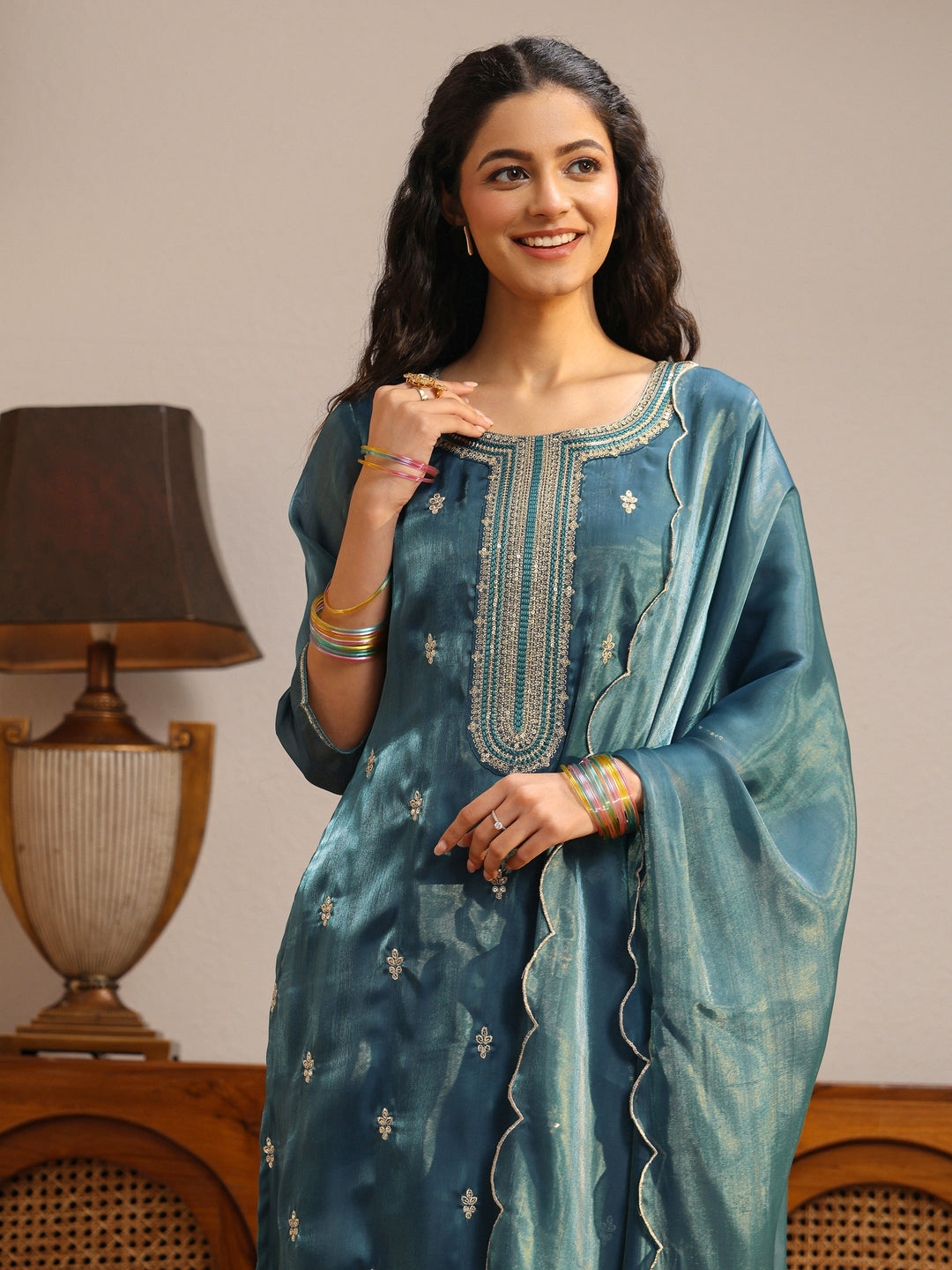  Teal Ethnic Embroidered Tissue Straight Suit Set 