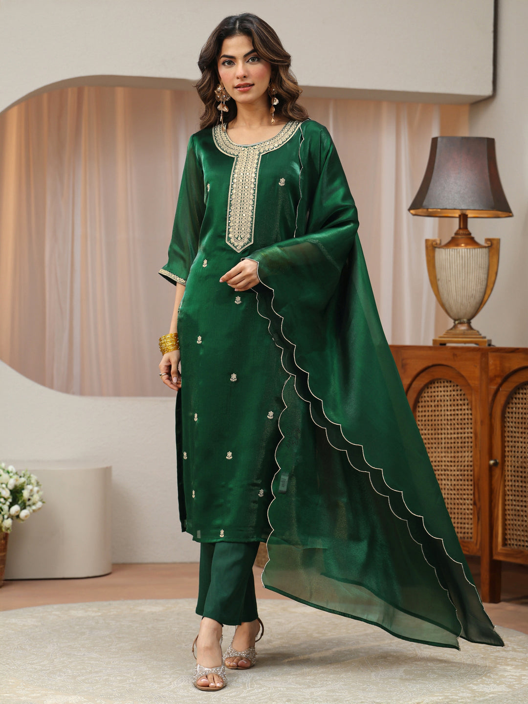  Green Ethnic Embroidered Tissue Straight Suit Set 