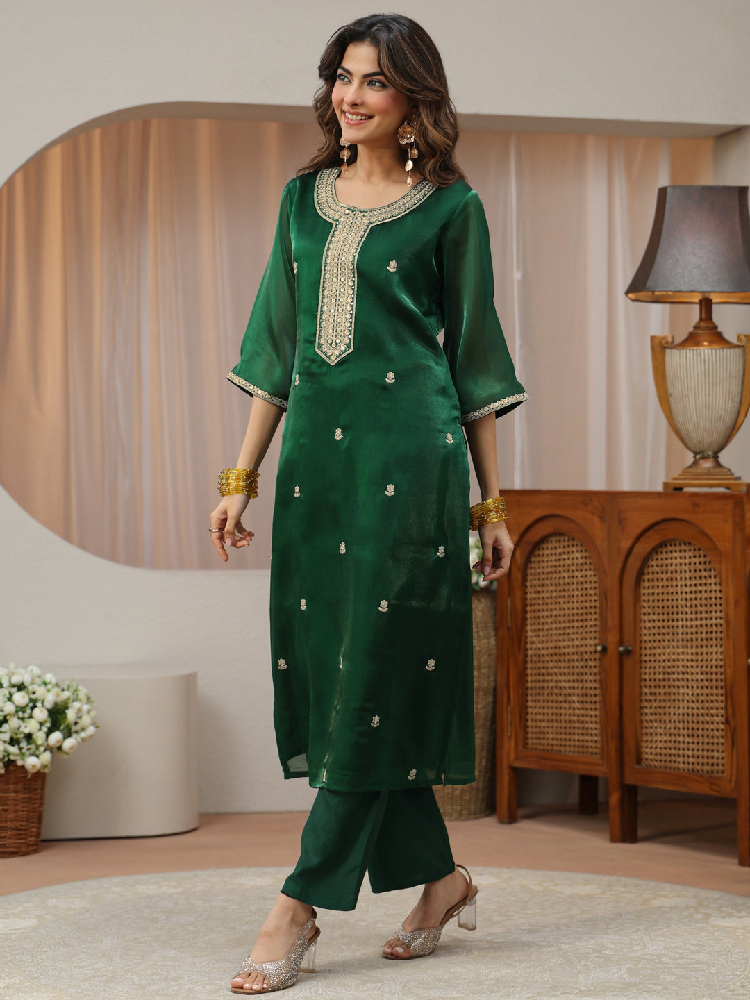  Green Ethnic Embroidered Tissue Straight Suit Set 