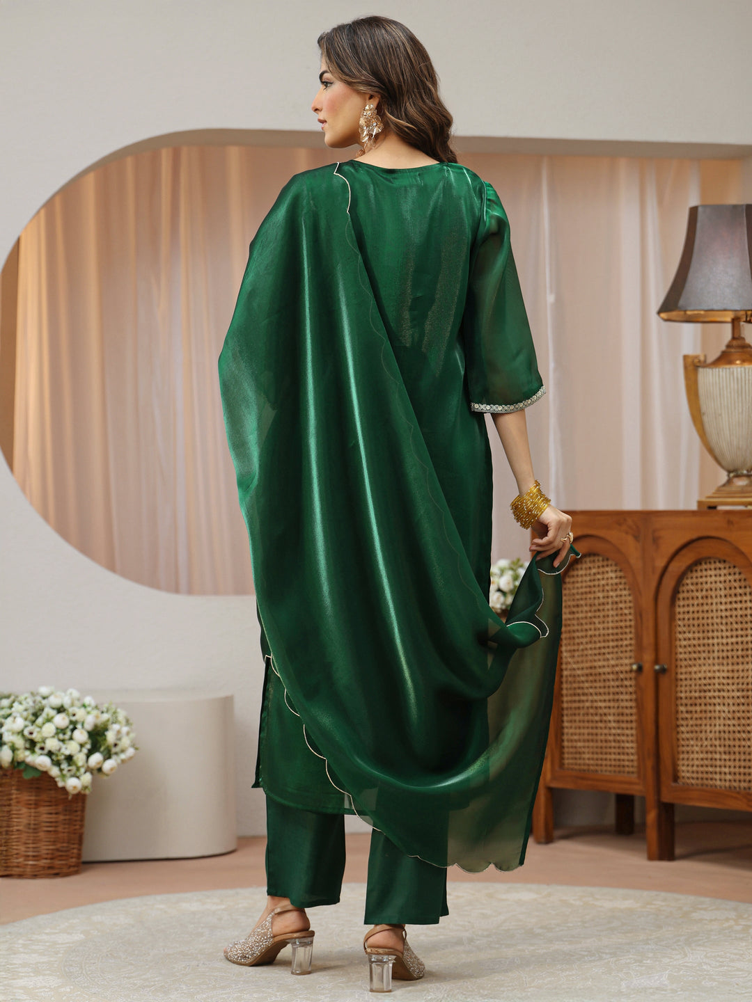  Green Ethnic Embroidered Tissue Straight Suit Set 