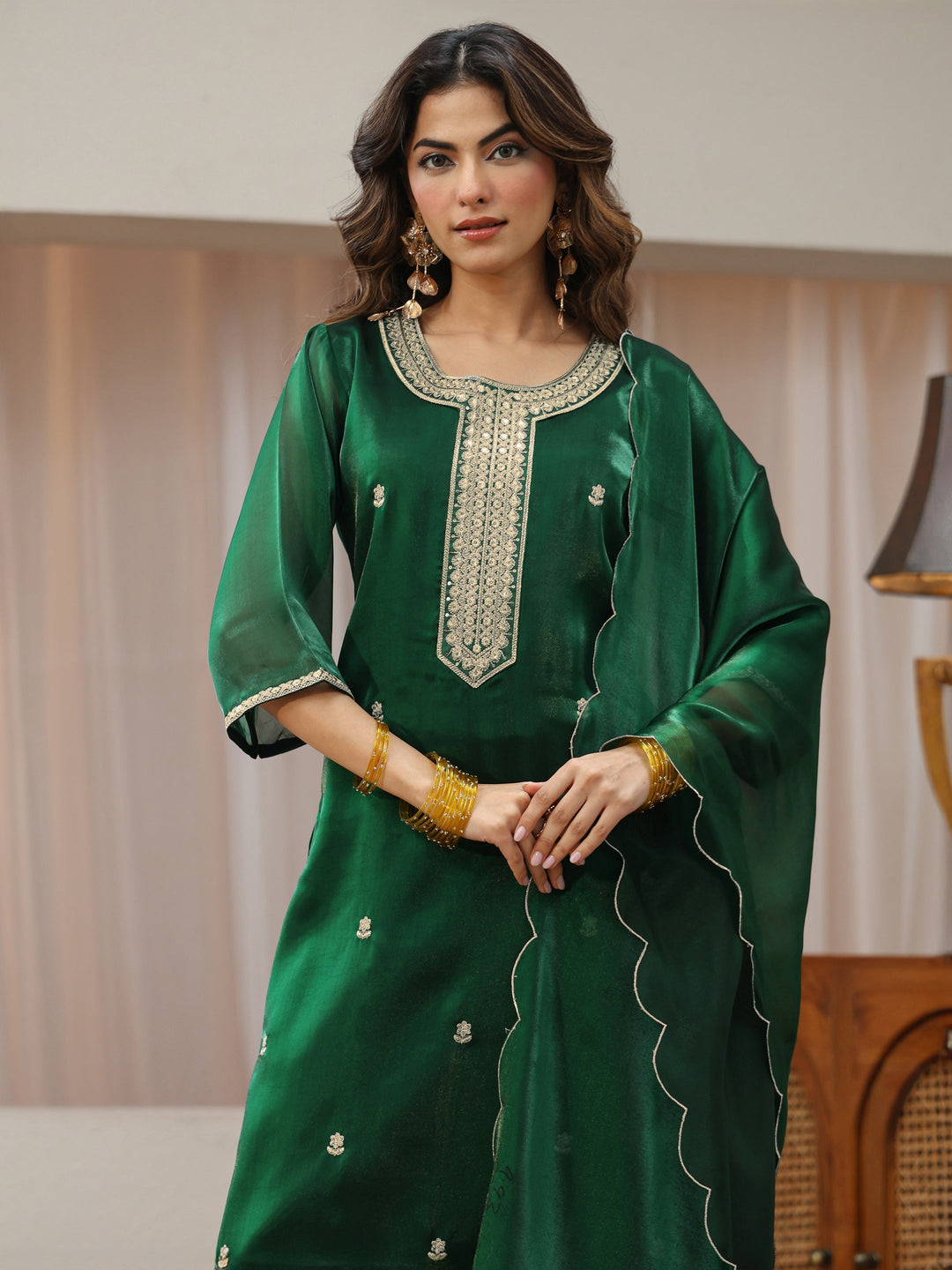 Green Ethnic Embroidered Tissue Straight Suit Set 