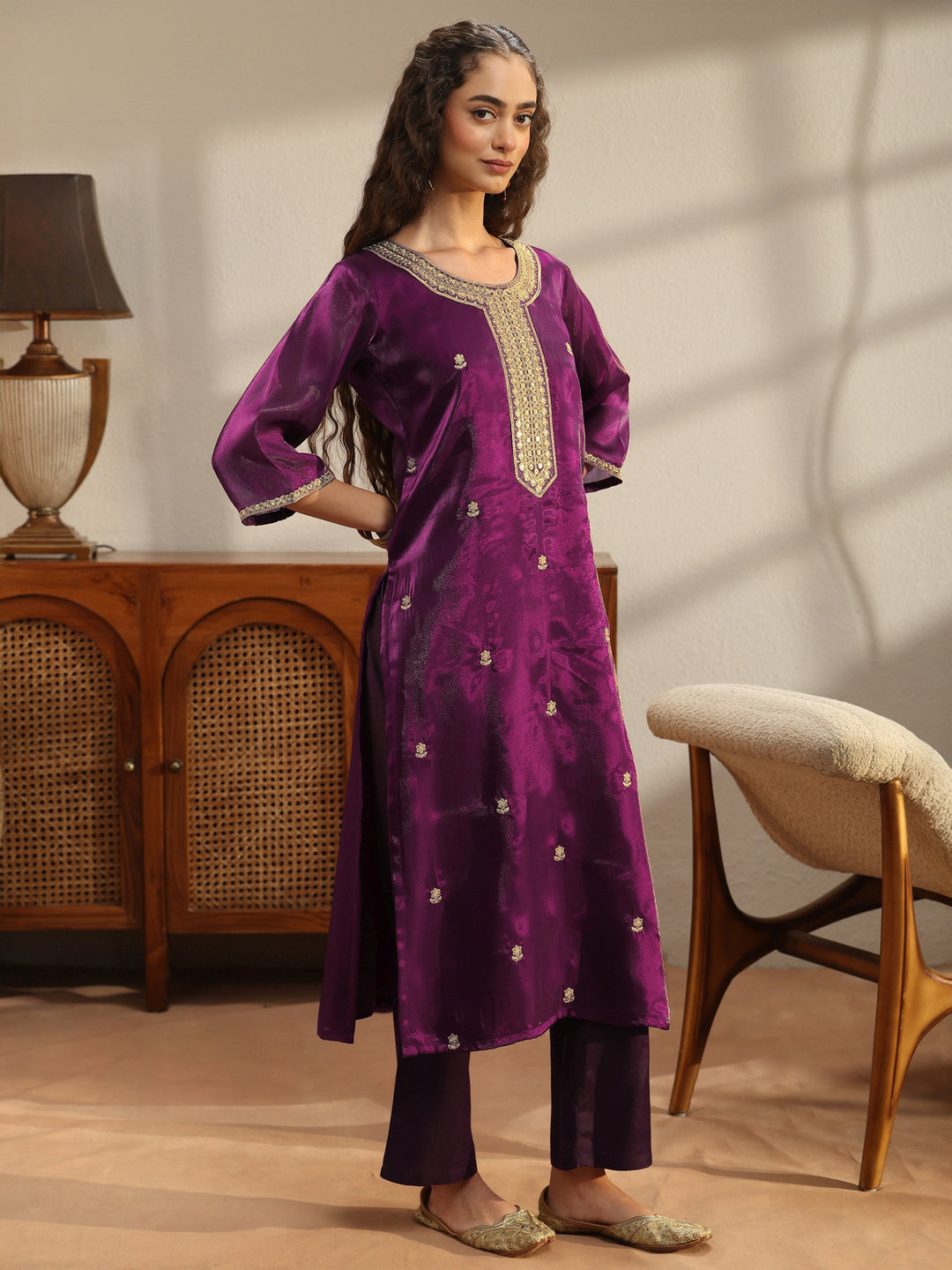  Burgundy Embroidered Tissue Straight Suit Set 