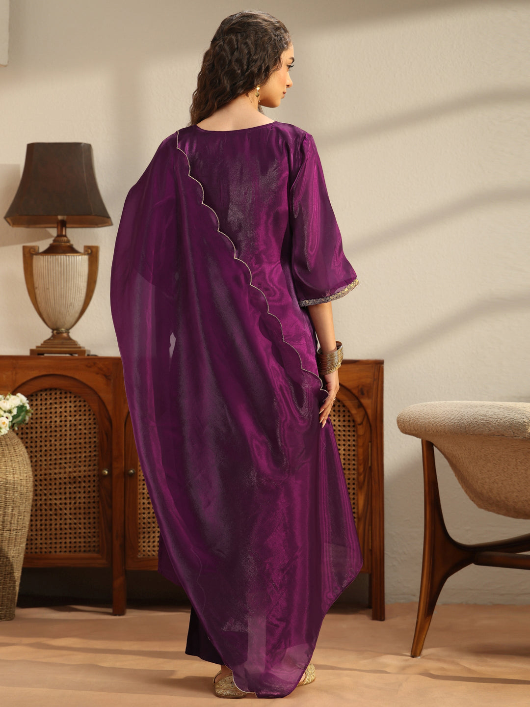 Burgundy Embroidered Tissue Straight Suit Set 