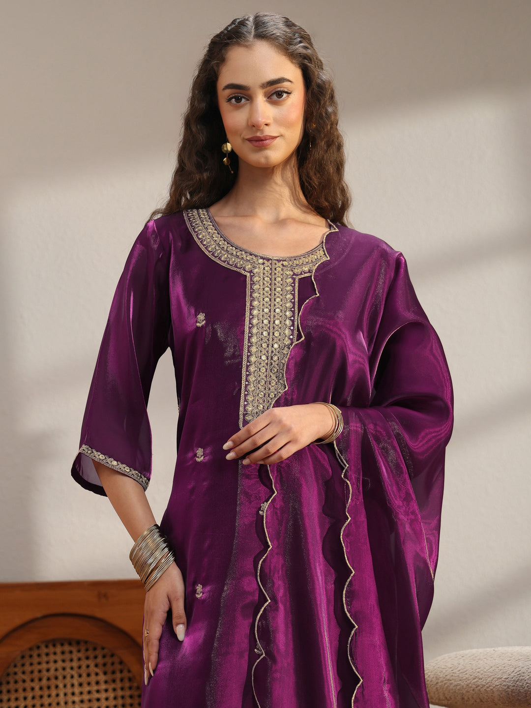  Burgundy Embroidered Tissue Straight Suit Set 