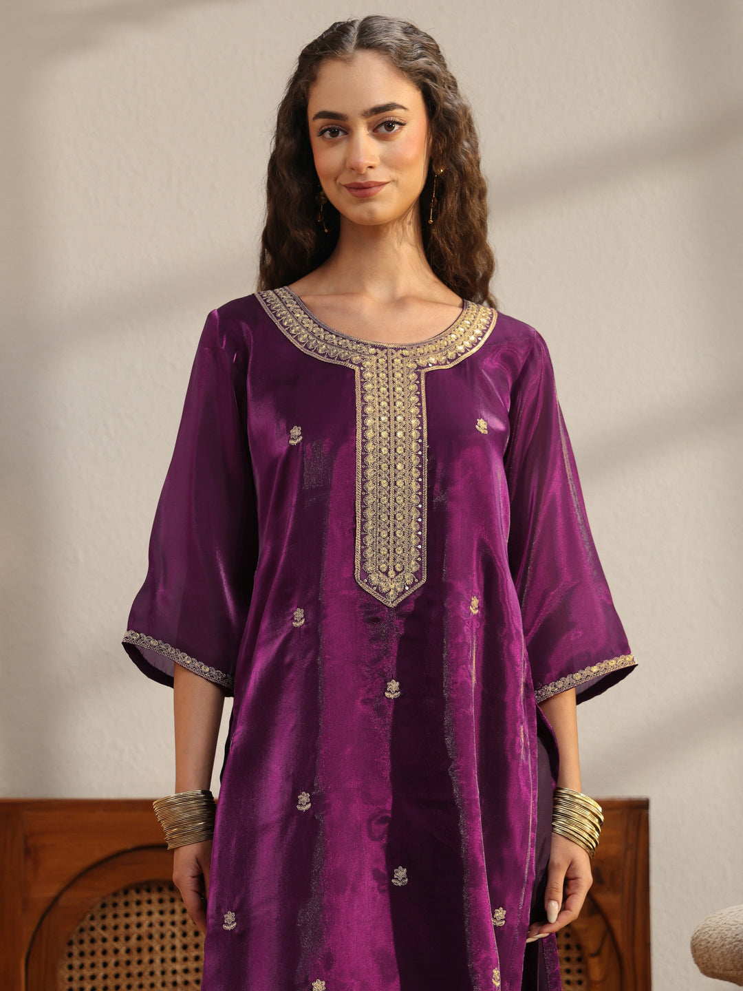  Burgundy Embroidered Tissue Straight Suit Set 