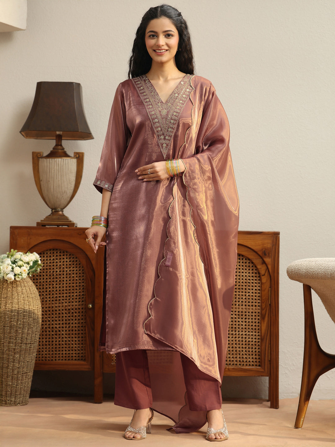  Brown Yoke Design Tissue Straight Suit Set 