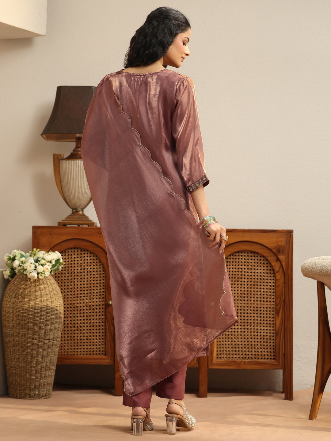  Brown Yoke Design Tissue Straight Suit Set 