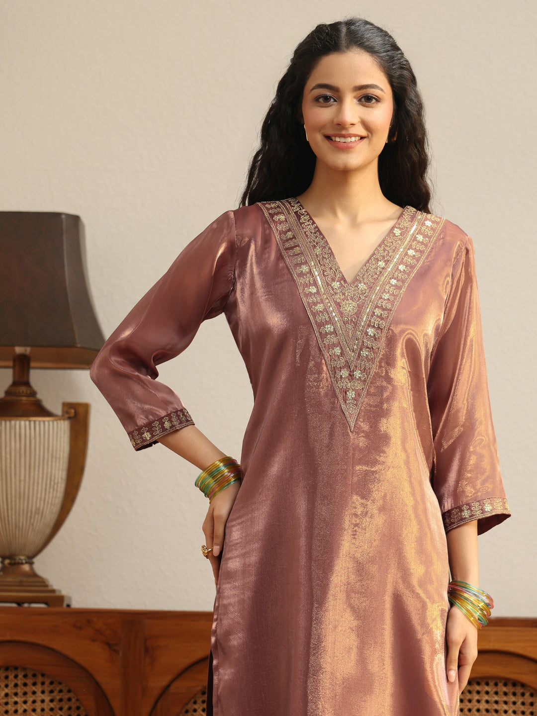  Brown Yoke Design Tissue Straight Suit Set 