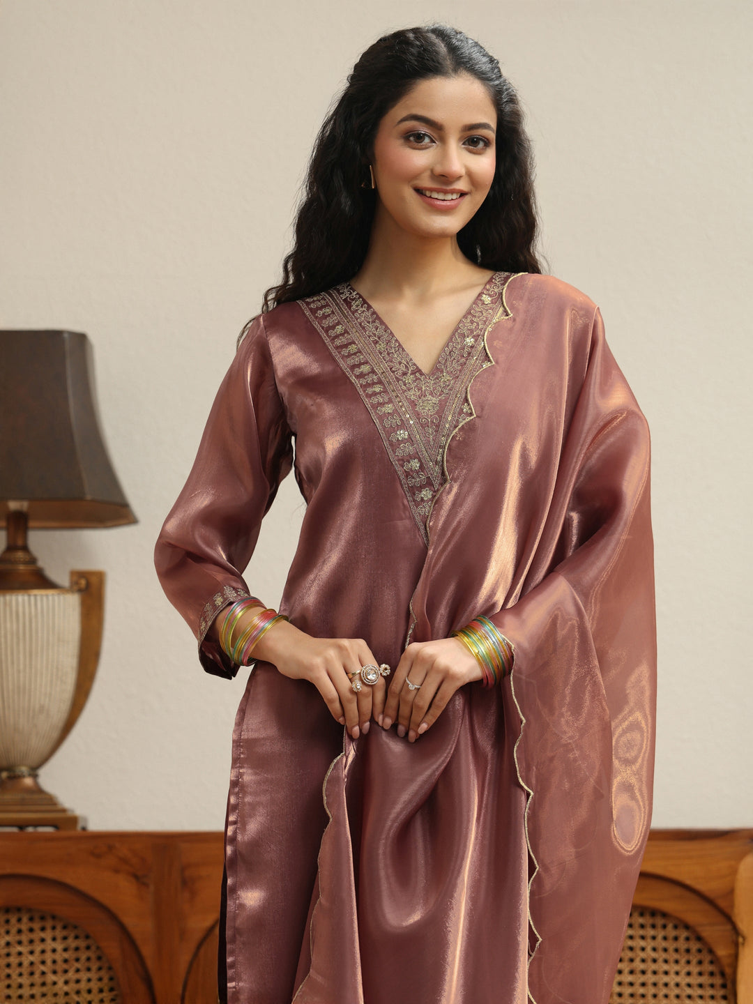  Brown Yoke Design Tissue Straight Suit Set 