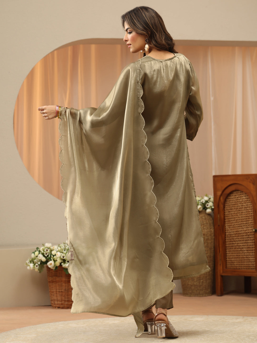  Taupe Floral Yoke Design Tissue Straight Suit Set 