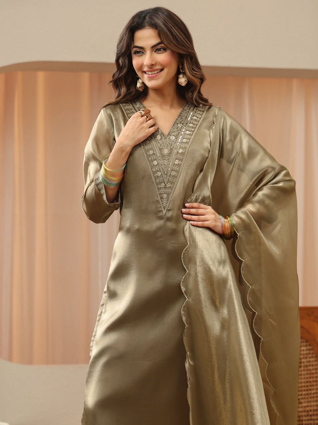  Taupe Floral Yoke Design Tissue Straight Suit Set 