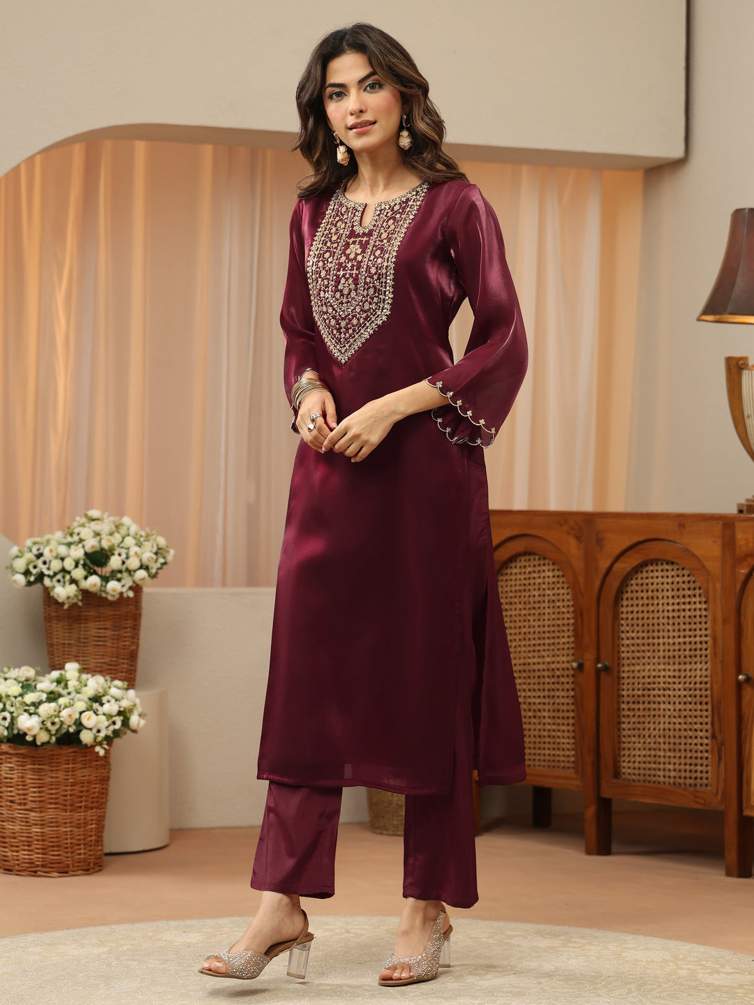  Maroon Yoke Design Tissue Straight Suit Set 