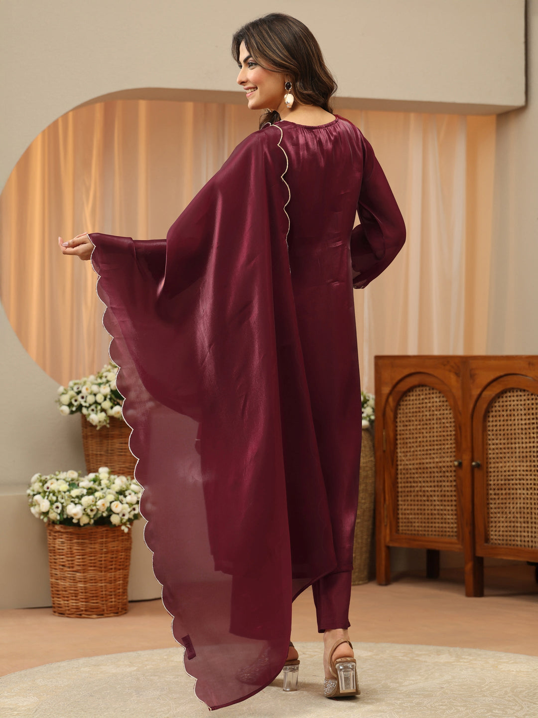  Maroon Yoke Design Tissue Straight Suit Set 