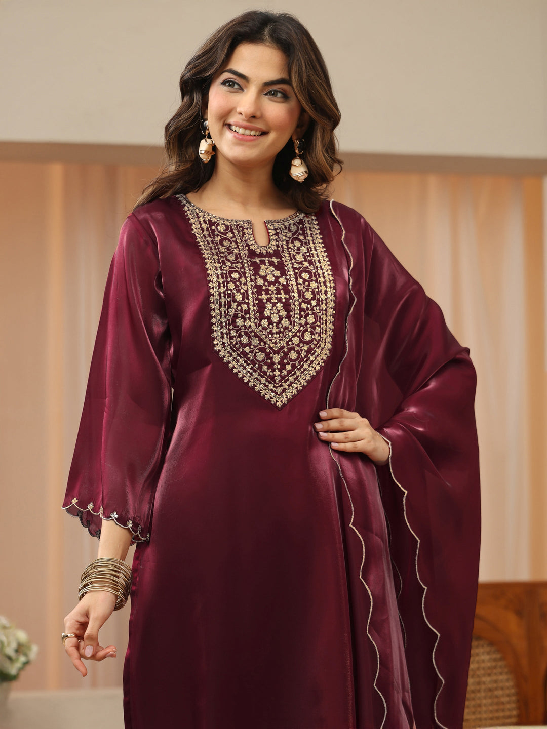  Maroon Yoke Design Tissue Straight Suit Set 