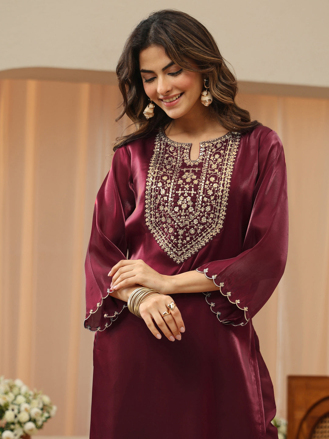  Maroon Yoke Design Tissue Straight Suit Set 