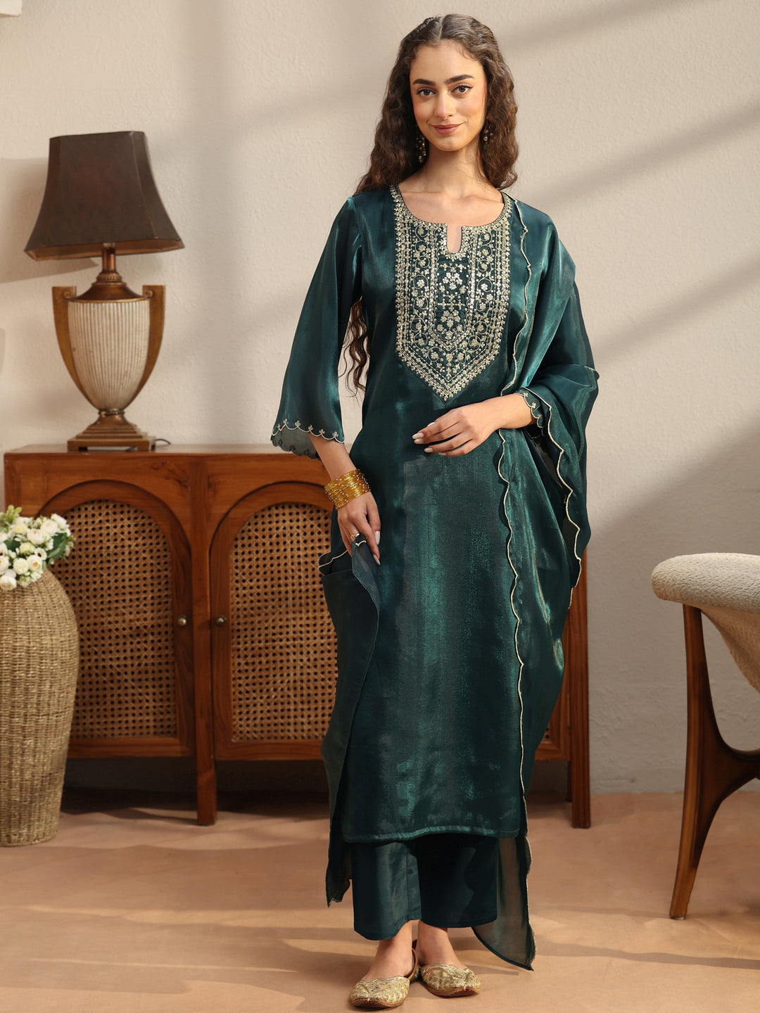  Teal Yoke Design Tissue Straight Suit Set 