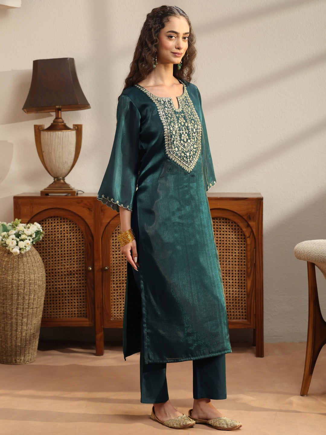  Teal Yoke Design Tissue Straight Suit Set 