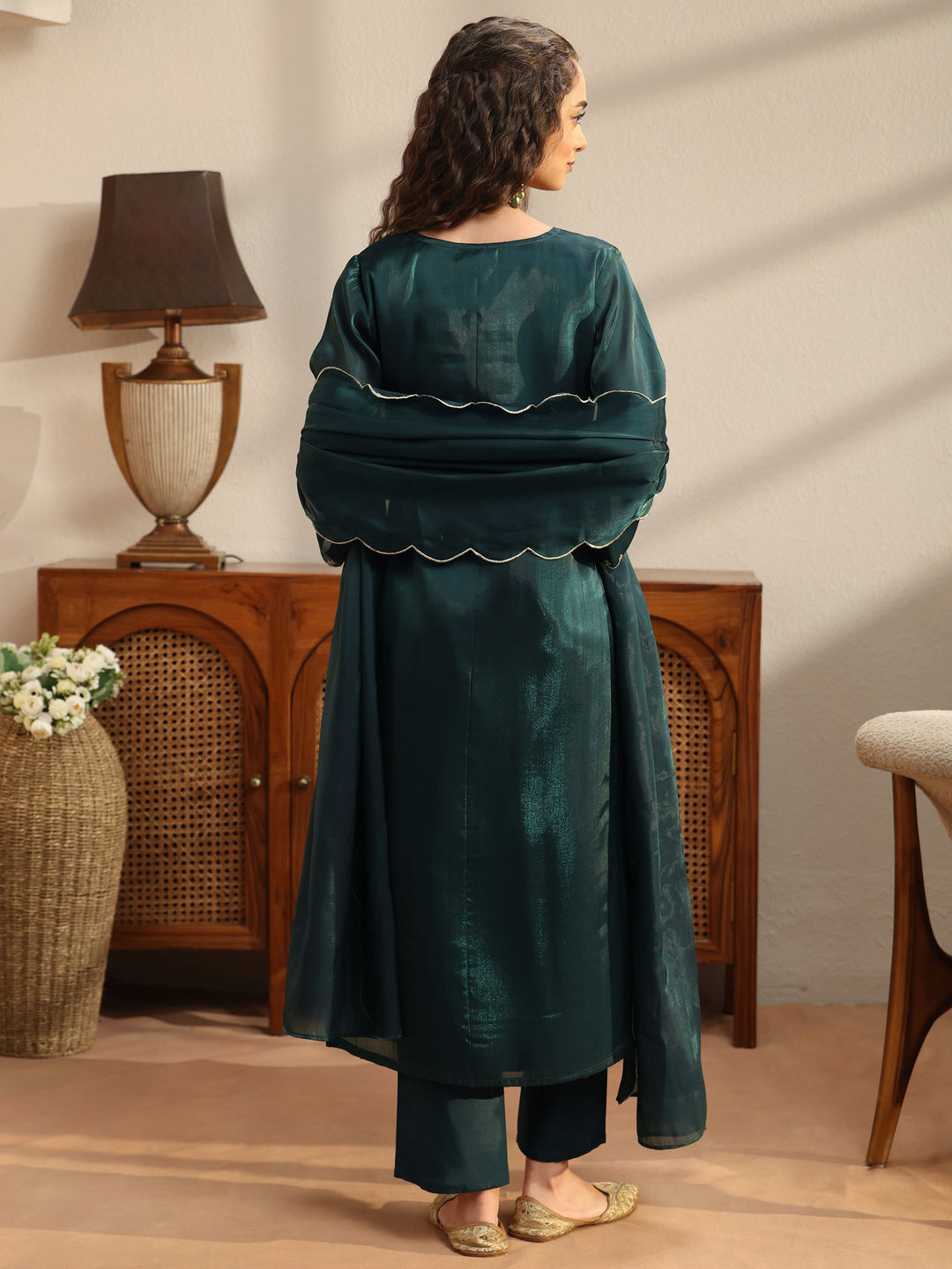  Teal Yoke Design Tissue Straight Suit Set 