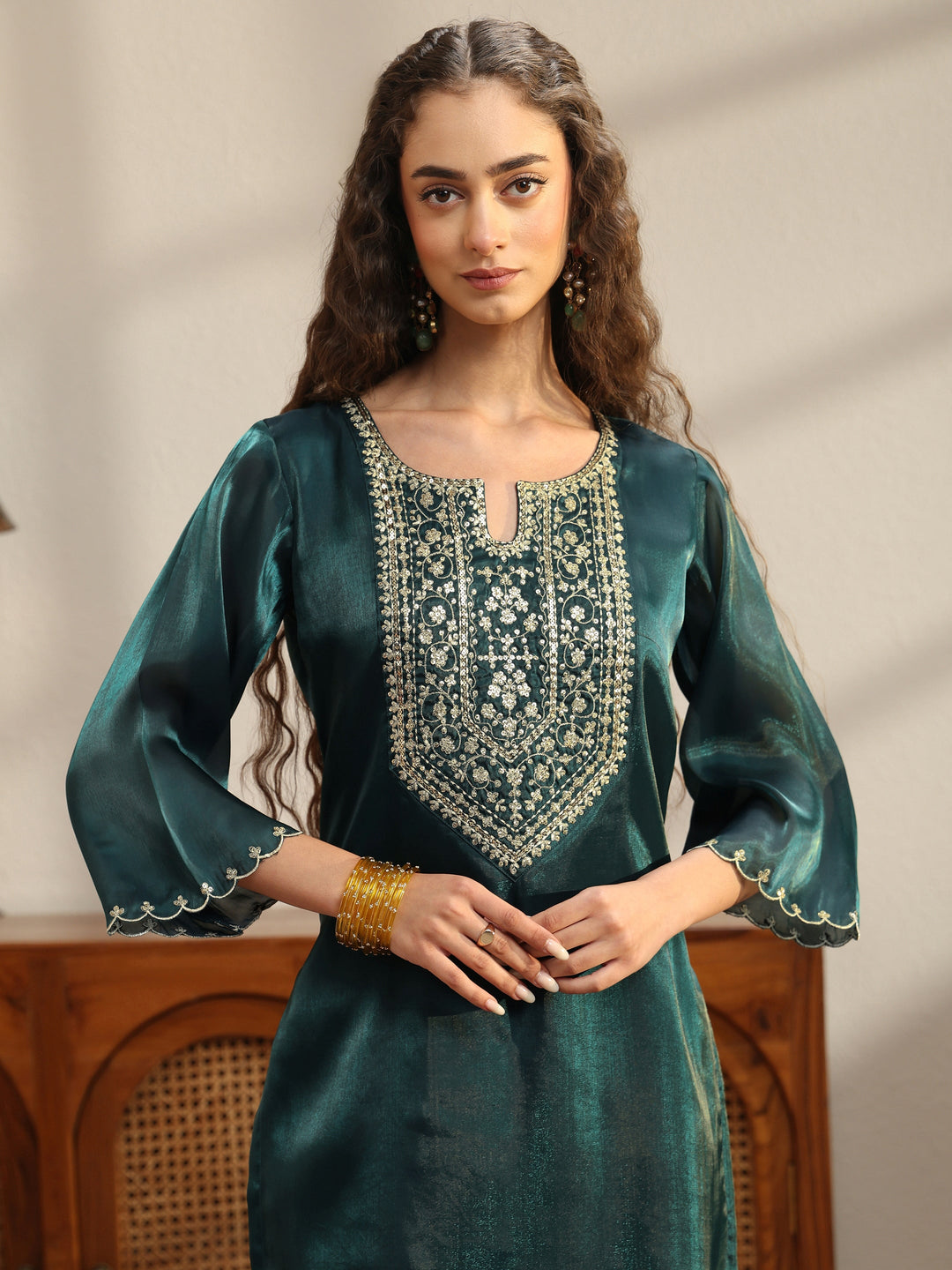  Teal Yoke Design Tissue Straight Suit Set 