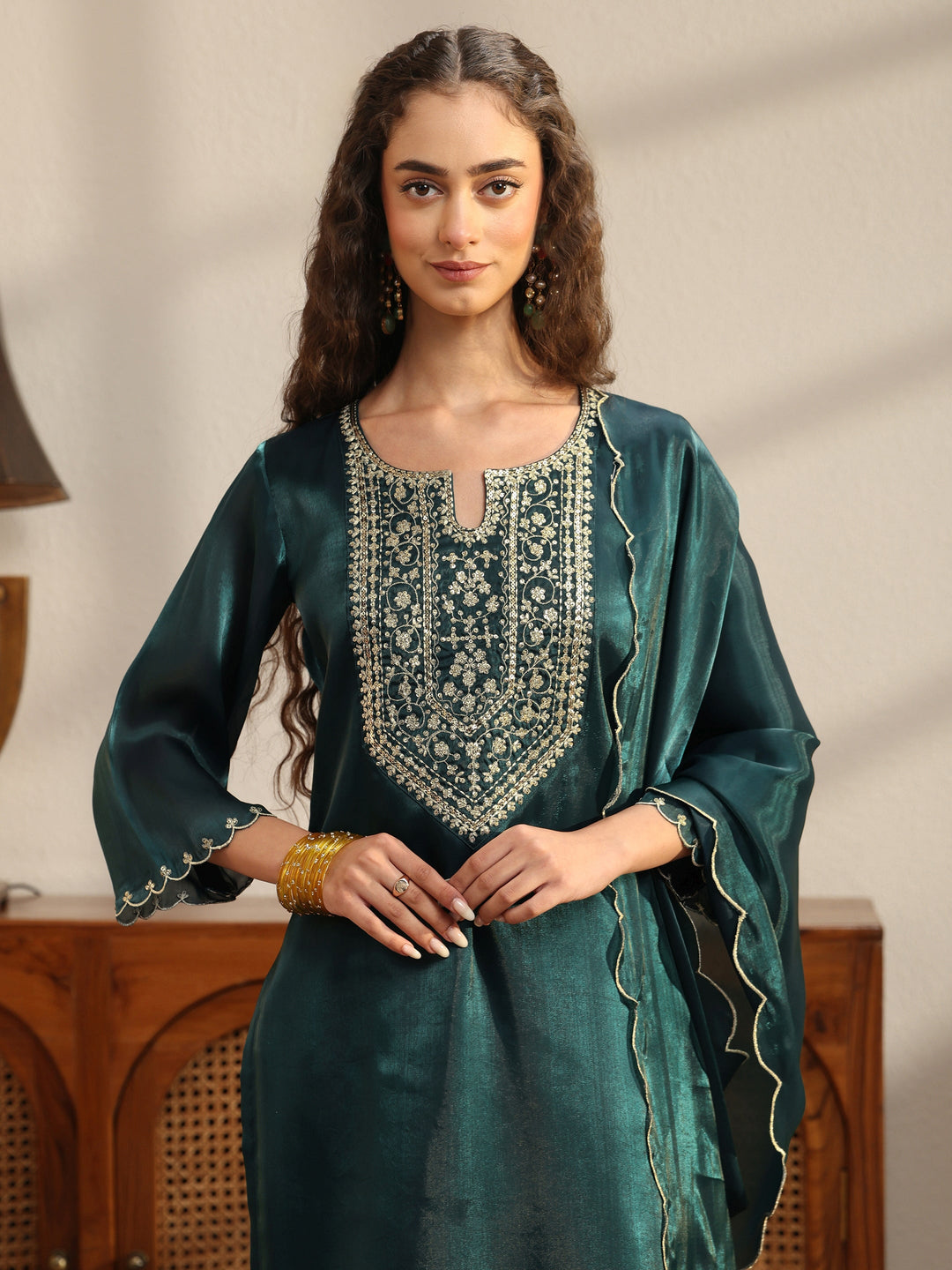  Teal Yoke Design Tissue Straight Suit Set 