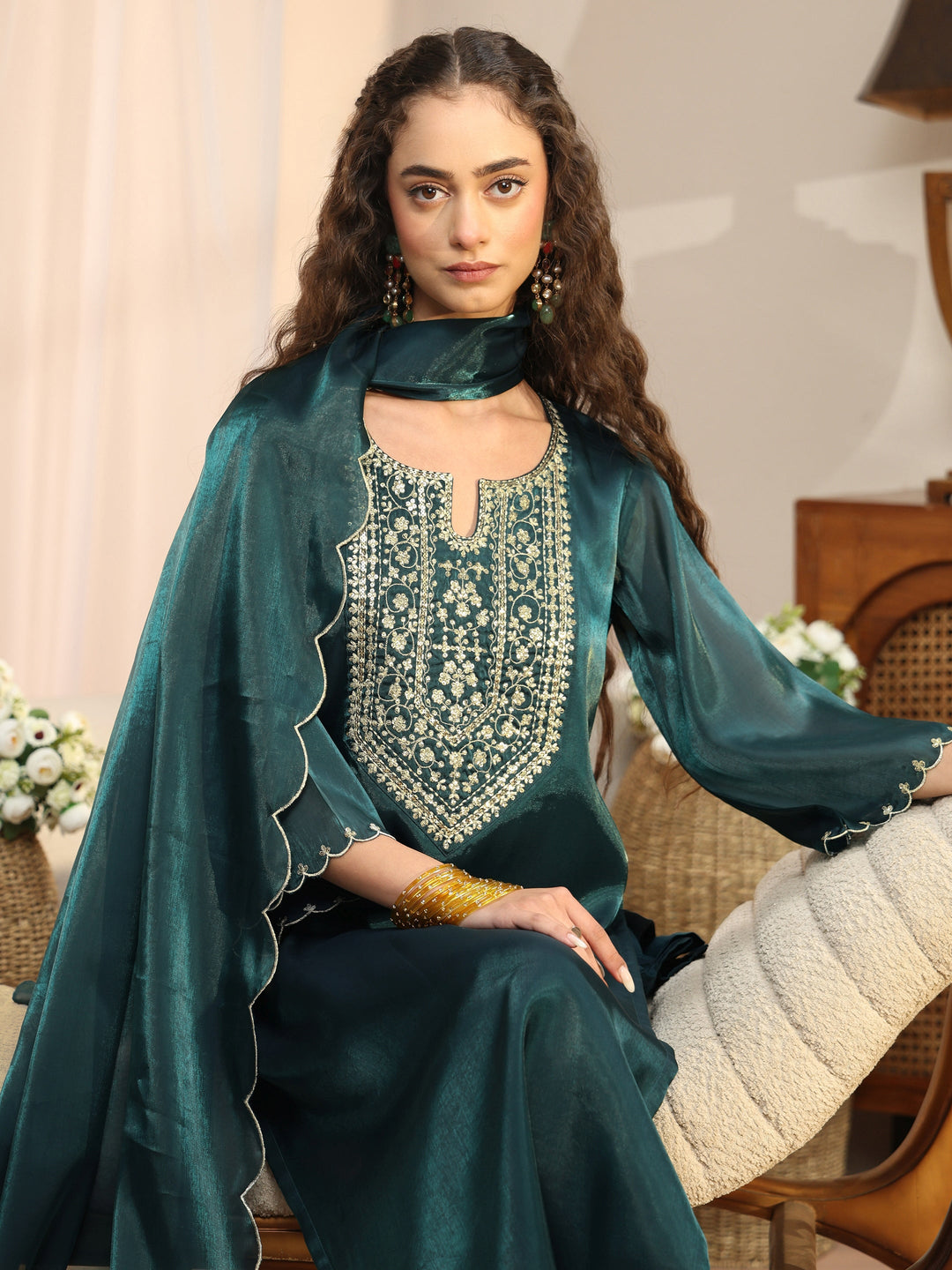  Teal Yoke Design Tissue Straight Suit Set 