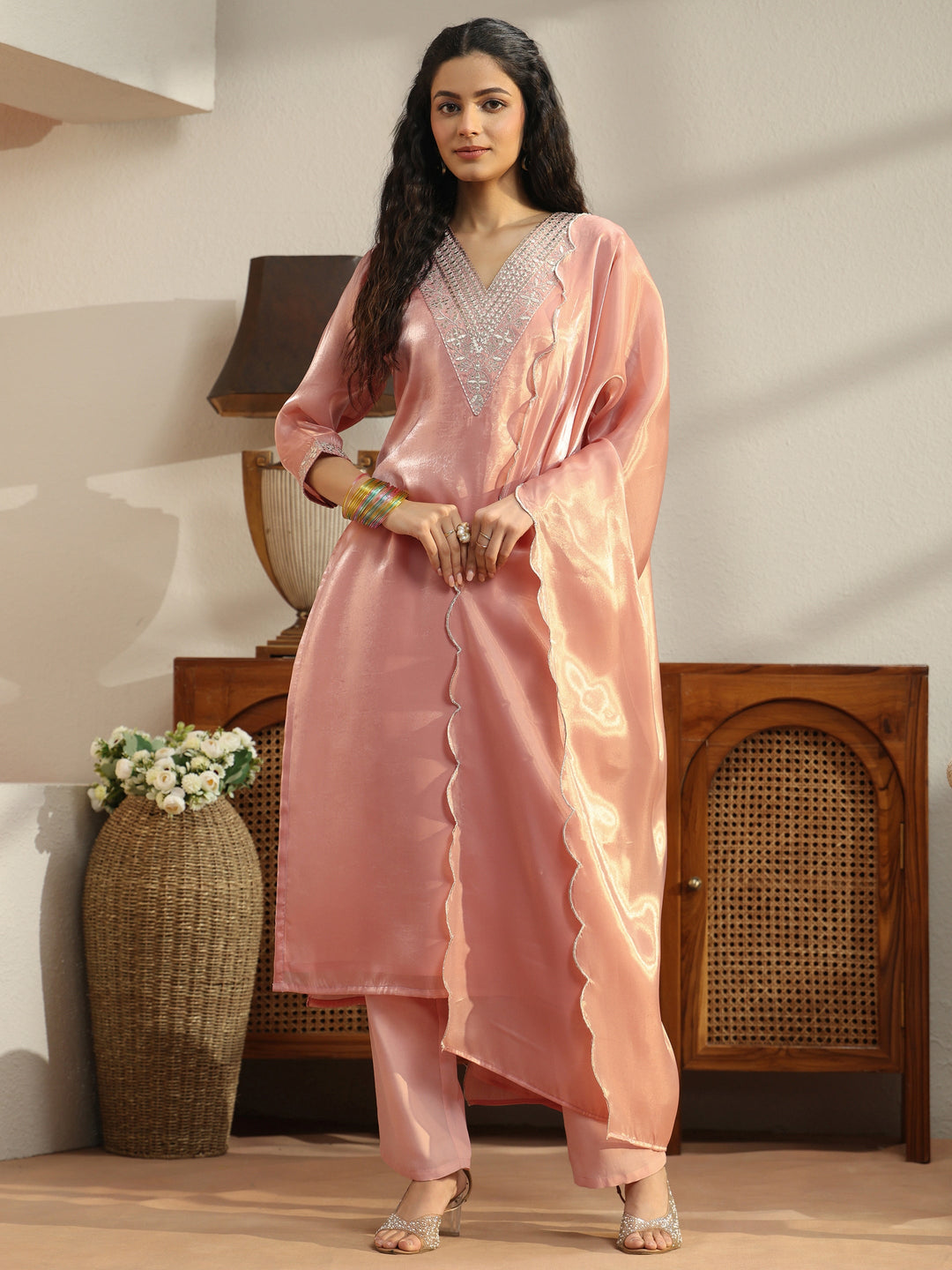  Peach Yoke Design Tissue Straight Suit Set 