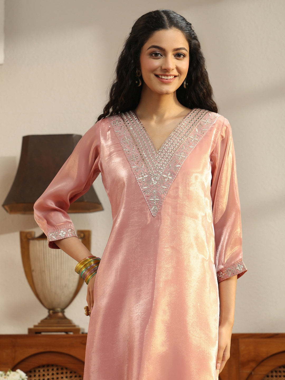  Peach Yoke Design Tissue Straight Suit Set 