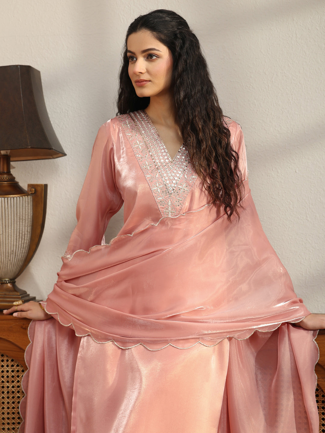  Peach Yoke Design Tissue Straight Suit Set 