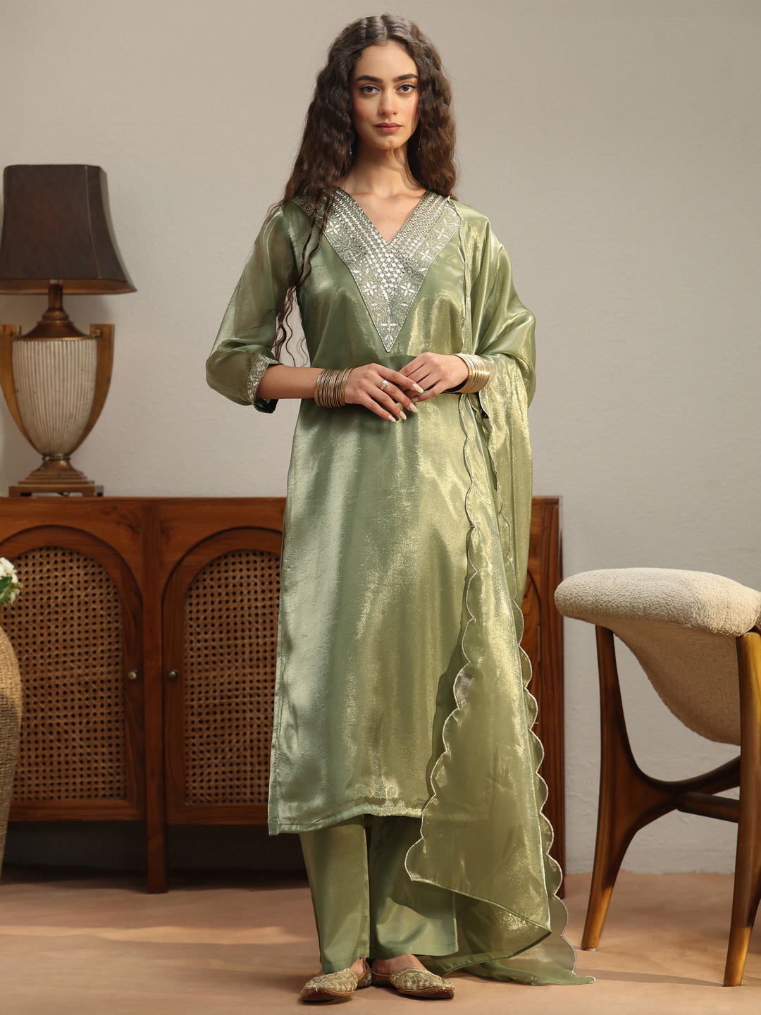  Green Yoke Design Tissue Straight Suit Set 