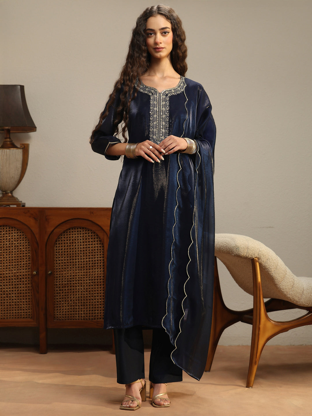  Navy Blue Yoke Design Tissue Straight Suit Set 