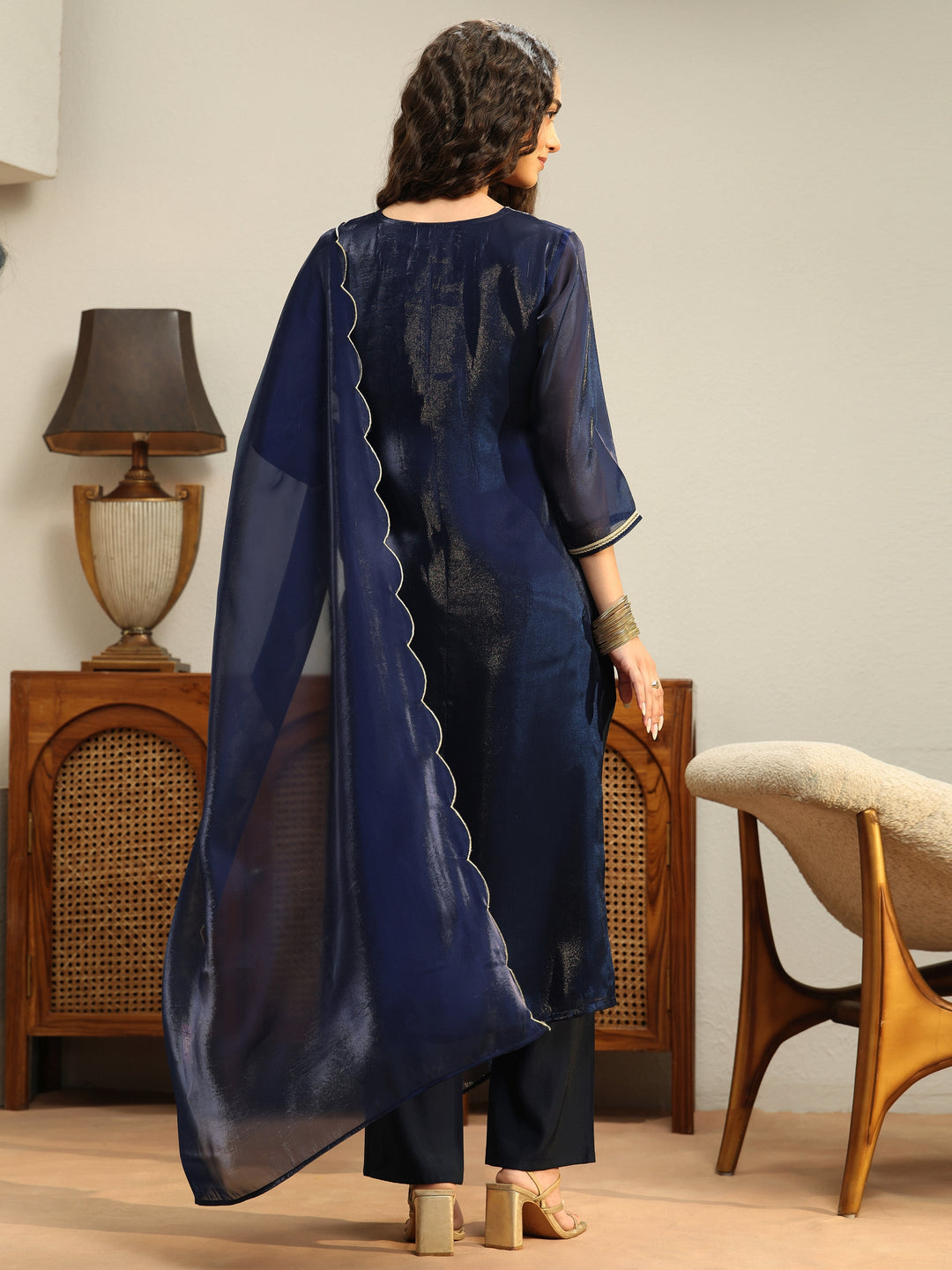  Navy Blue Yoke Design Tissue Straight Suit Set 