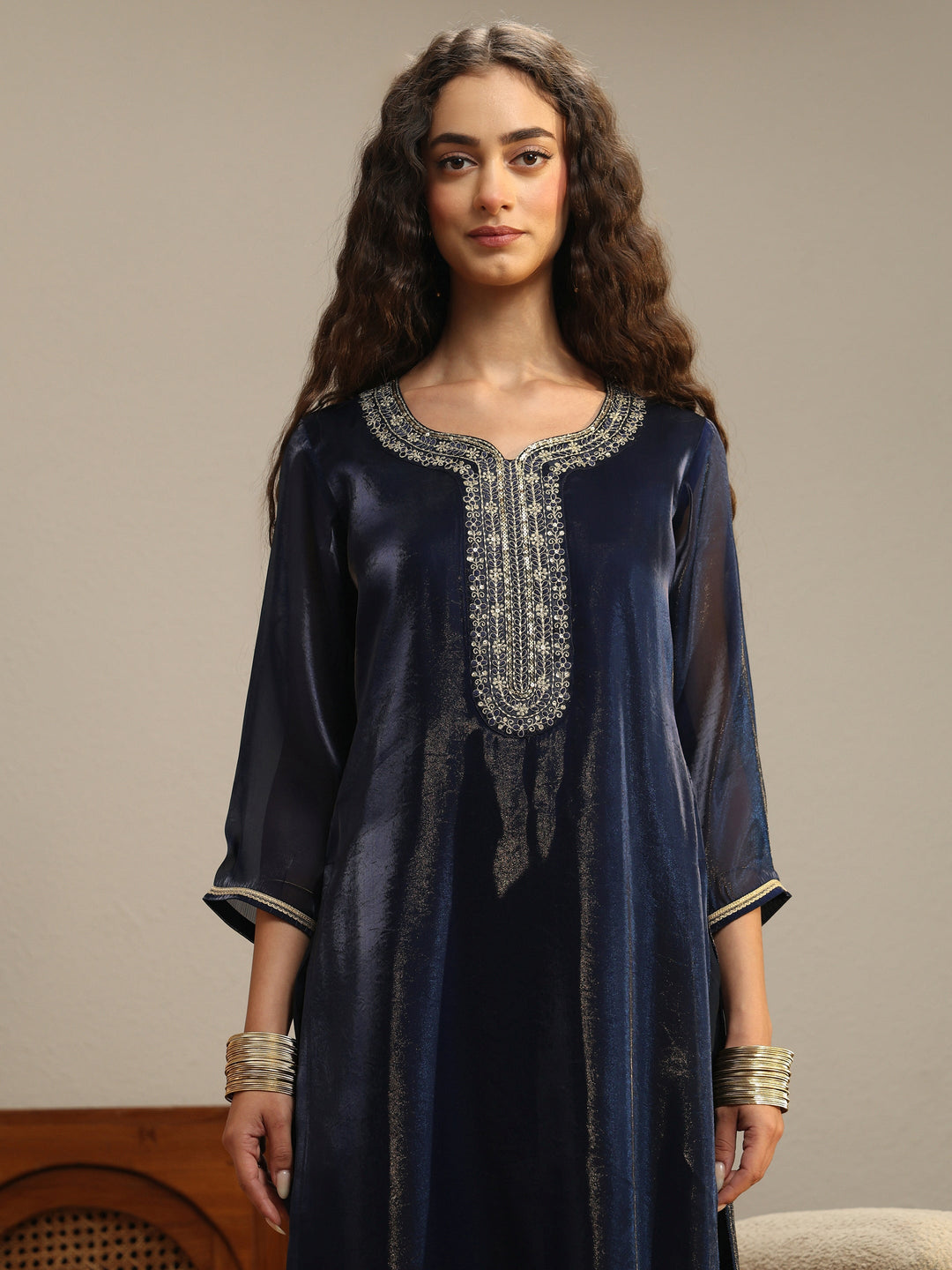  Navy Blue Yoke Design Tissue Straight Suit Set 