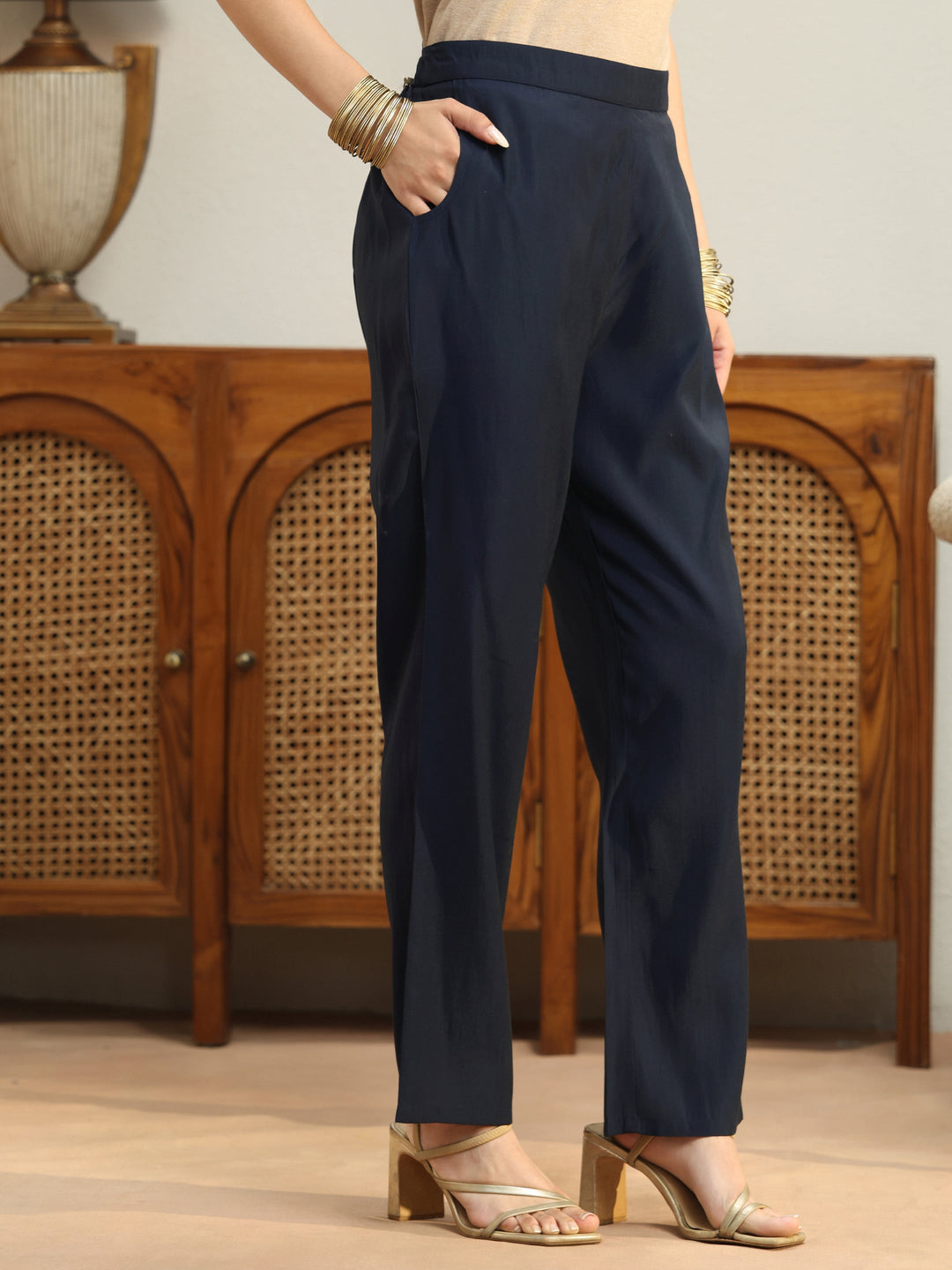  Navy Blue Yoke Design Tissue Straight Suit Set 