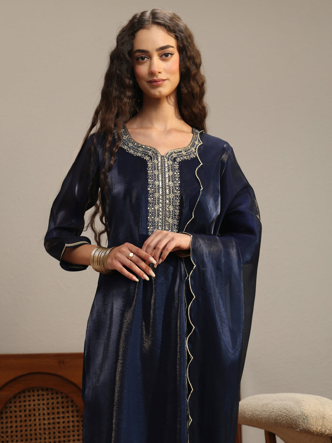  Navy Blue Yoke Design Tissue Straight Suit Set 