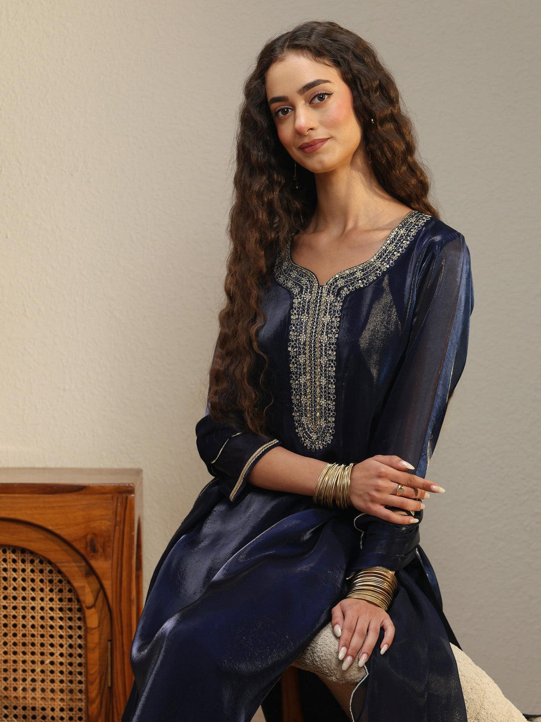  Navy Blue Yoke Design Tissue Straight Suit Set 