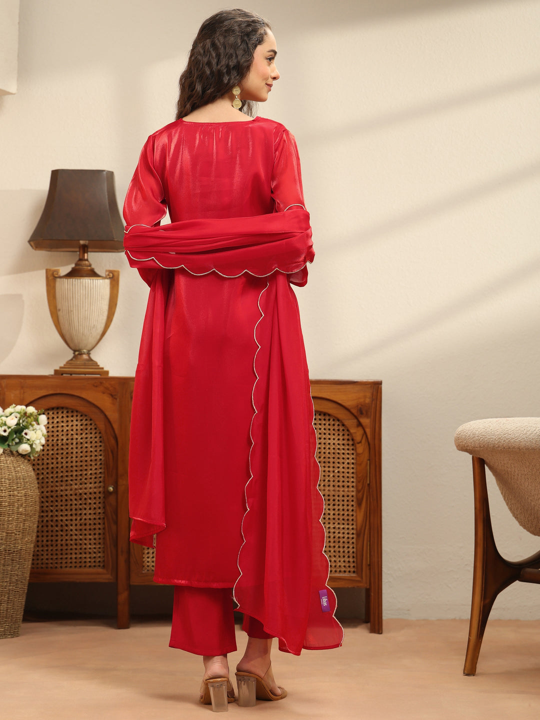  Red Yoke Design Tissue Straight Suit Set 