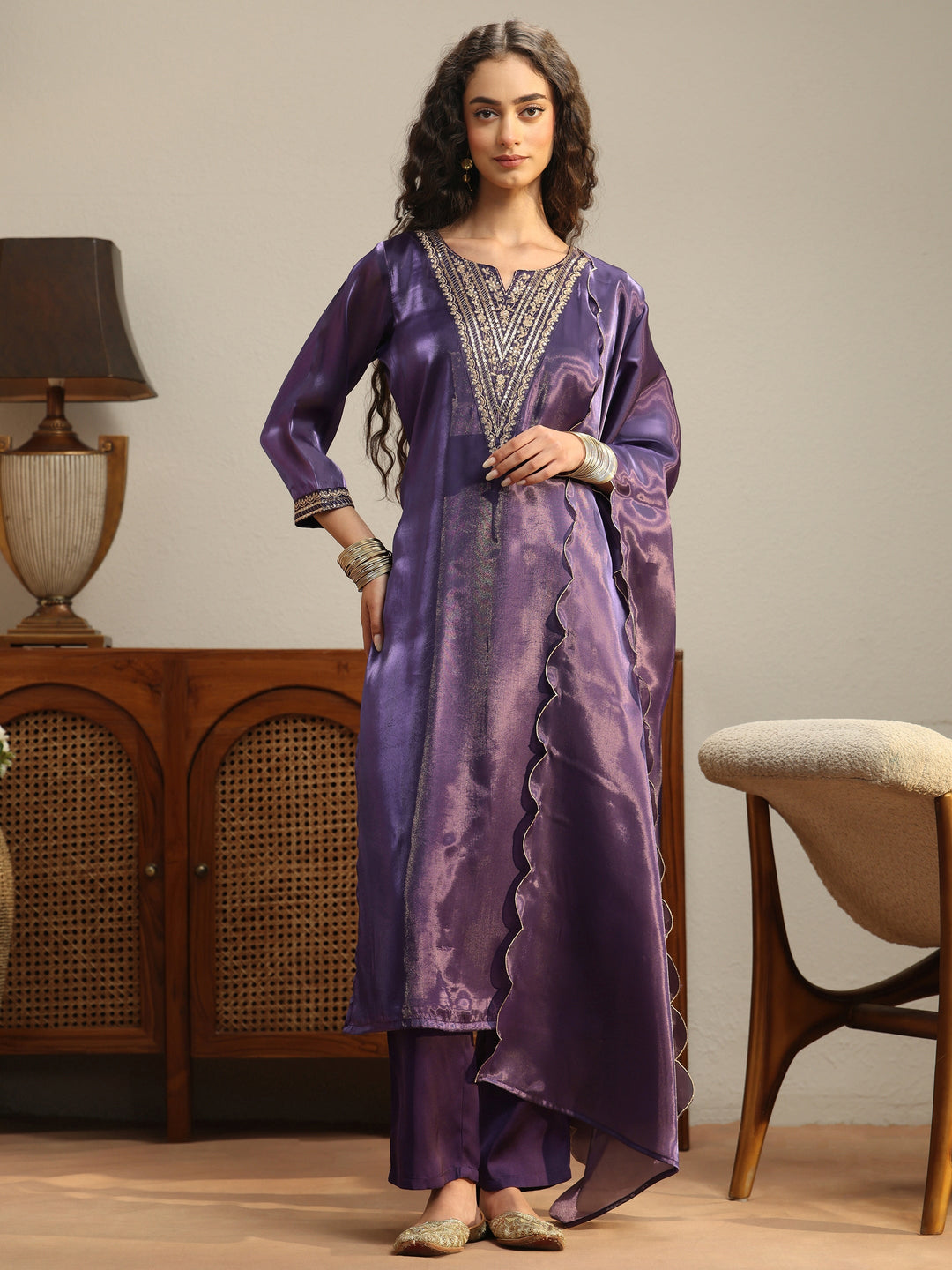  Purple Yoke Design Tissue Straight Suit Set 
