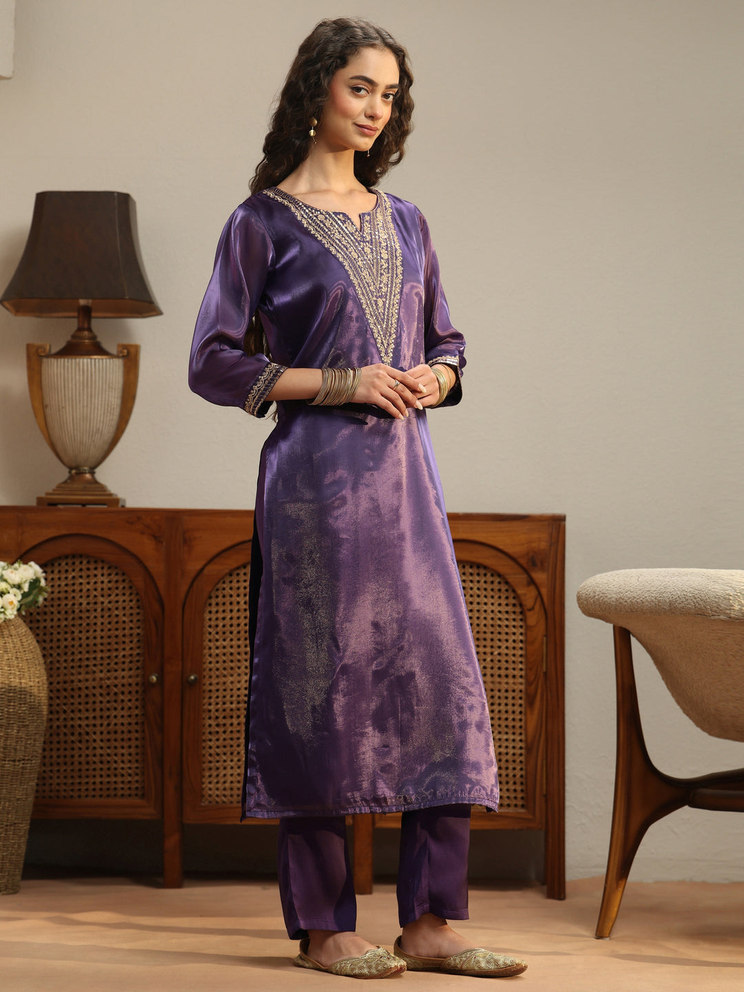  Purple Yoke Design Tissue Straight Suit Set 