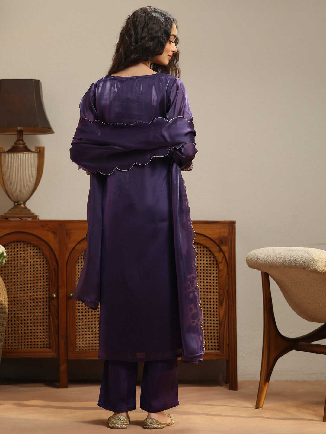  Purple Yoke Design Tissue Straight Suit Set 