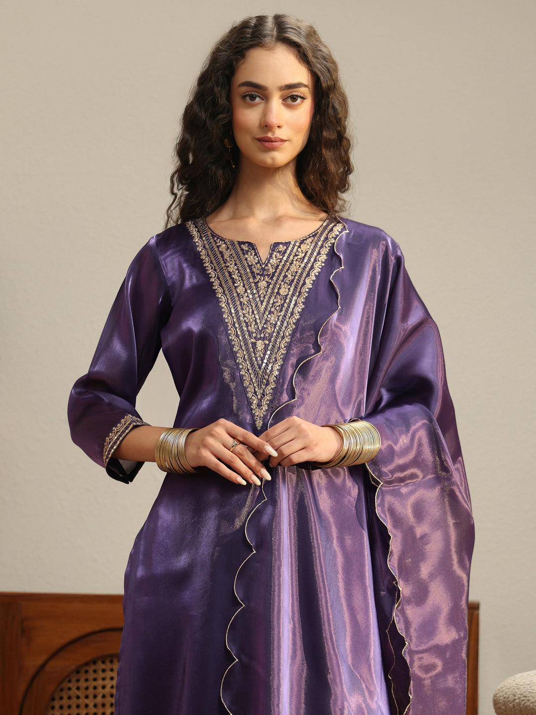  Purple Yoke Design Tissue Straight Suit Set 