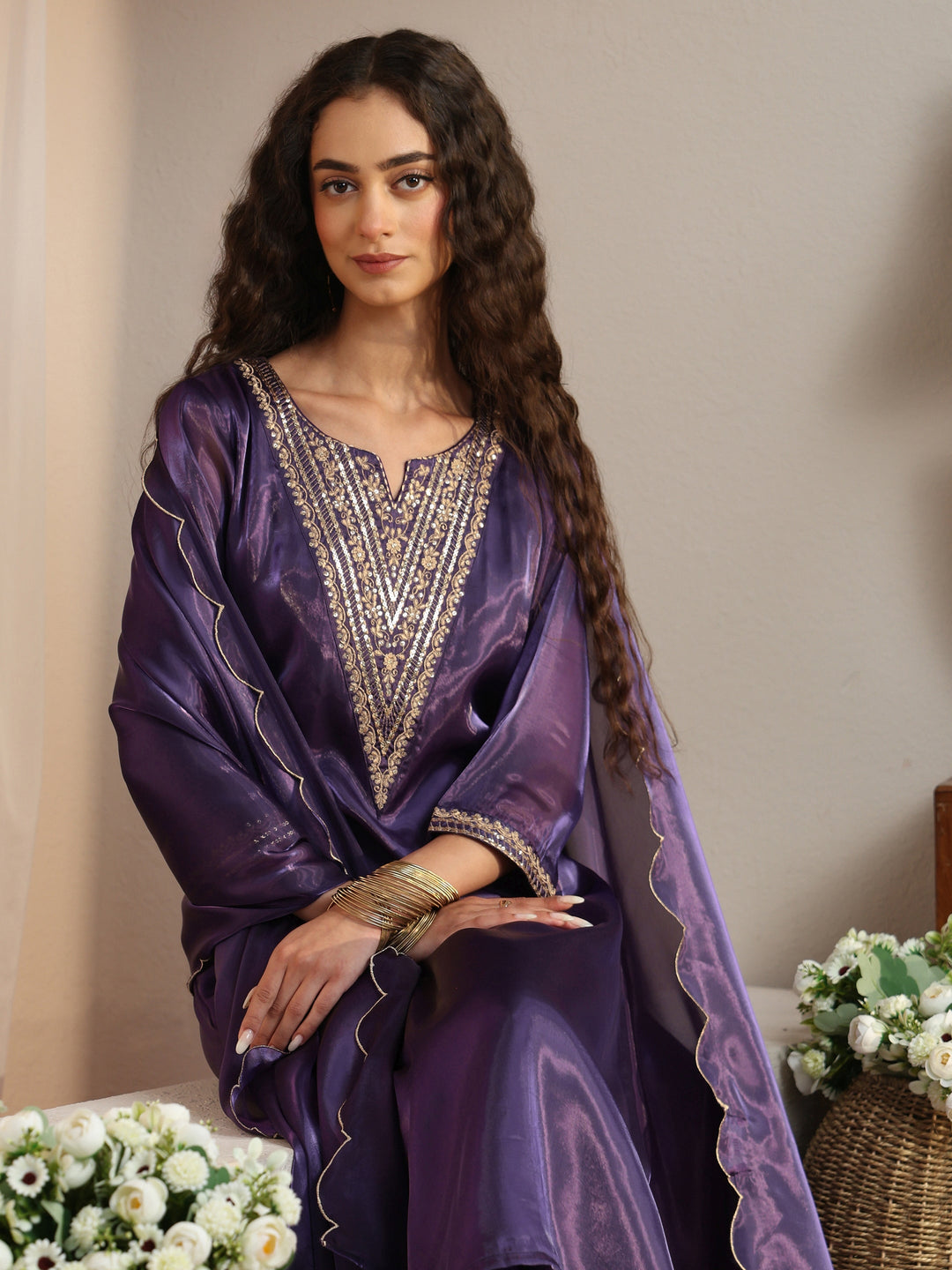  Purple Yoke Design Tissue Straight Suit Set 