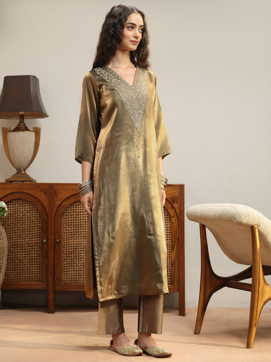  Olive Green Yoke Design Tissue Straight Suit Set 